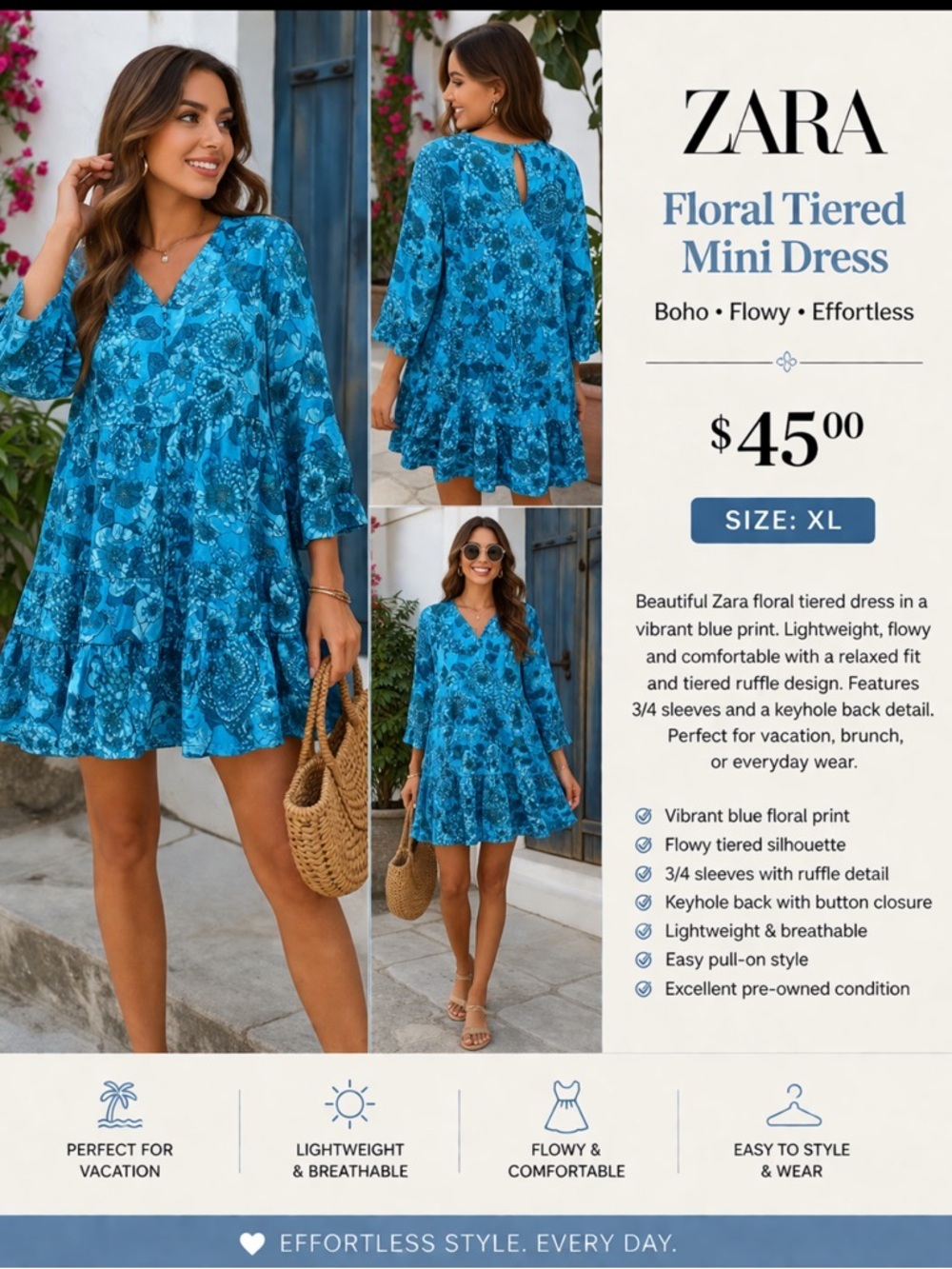Zara Blue Floral Tiered Mini Dress Boho Flowy 3/4 Sleeve XL - Picture 2 of 6